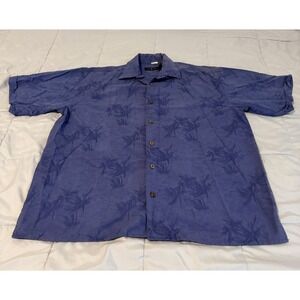 Cotton Traders Mens L Blue Palm Tree Jacquard Camp Shirt Short Sleeve 3800CB-111